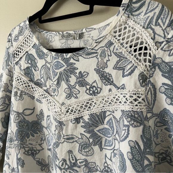 Elena Baldi 3/4 Sleeve Blue White Floral 100% Linen Lace Trim Italy Size Large - Picture 4 of 8